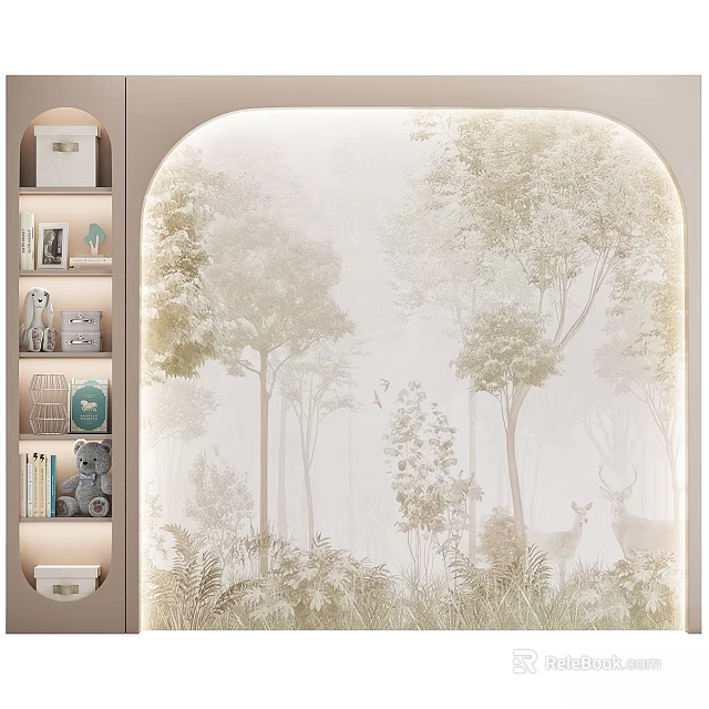 Natural Themed Wardrobe Interior With Forest Pattern Open Shelves Holding Books Decorations And Stuffed Toy 3d model 