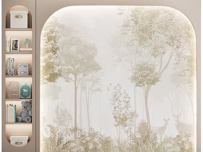 Natural Themed Wardrobe Interior With Forest Pattern Open Shelves Holding Books Decorations And Stuffed Toy 3d model