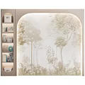Natural Themed Wardrobe Interior With Forest Pattern Open Shelves Holding Books Decorations And Stuffed Toy
