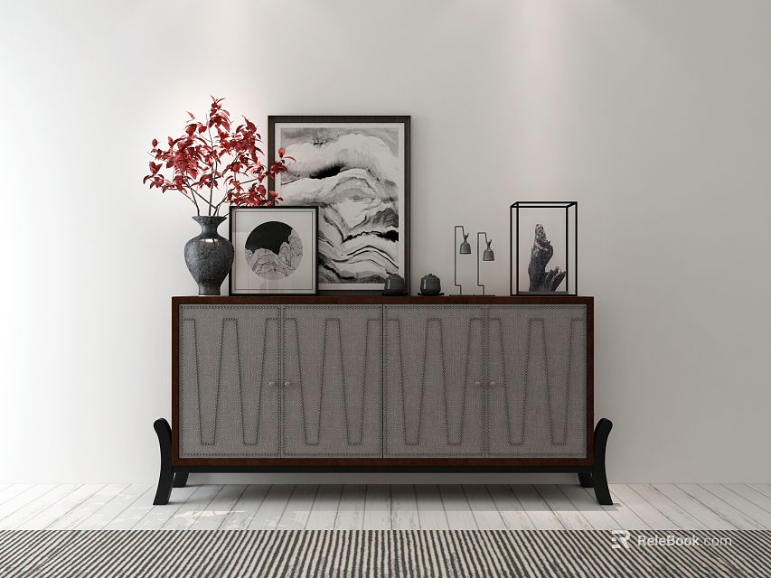 Modern Wooden Entryway Console Cabinet Sideboard With Decorative Vase And Framed Paintings 3d model 