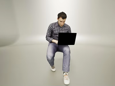 Man Using Black Laptop While Sitting In Casual Outfit On Gray Background 3d model