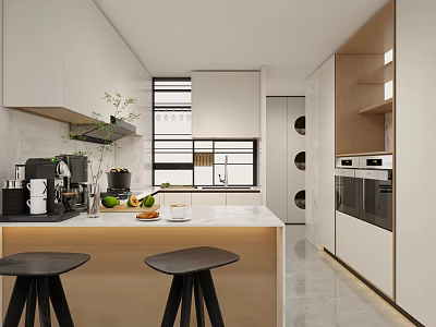 Modern Kitchen Interior Design With Island Counter White Cabinets And Bar Stools 3d model