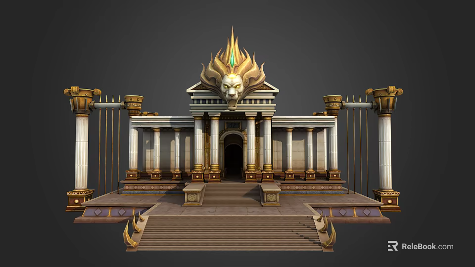 Cartoon Scene Of Opulent Palace With Golden Decorations Lion Head Statue Columns And Steps 3d model 