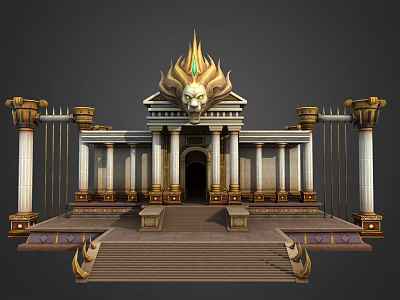 Cartoon Scene Of Opulent Palace With Golden Decorations Lion Head Statue Columns And Steps 3d model