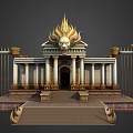 Cartoon Scene Of Opulent Palace With Golden Decorations Lion Head Statue Columns And Steps