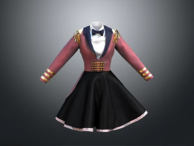 Game Movie Character Costume With Pink Sleeves Black Skirt Bow Tie And Golden Decorations 3d model