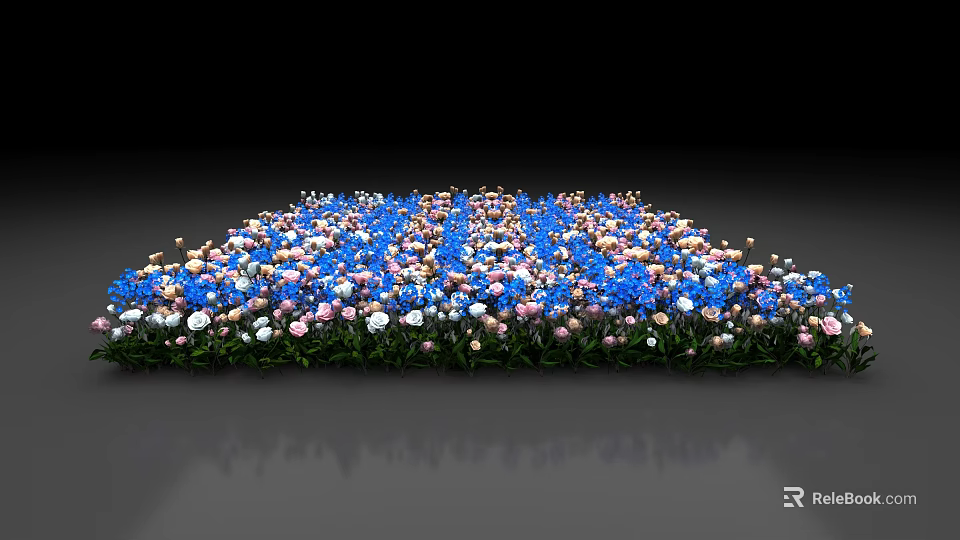Colorful Floral Carpet with Blue Pink White Blooms Against Black Background for Decorative 3d model 