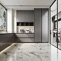 Modern Kitchen Interior Design With Dark Gray Cabinets Large Window And Marble Floor
