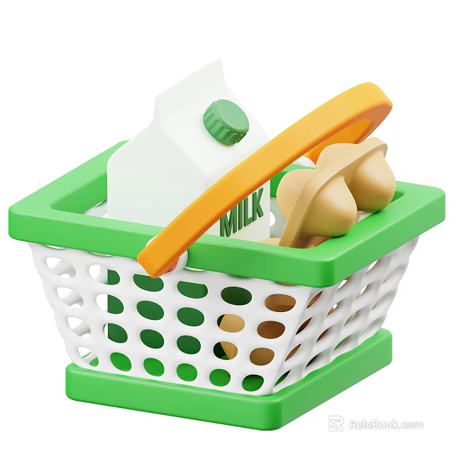 Green Plastic Shopping Basket Holding Fresh Milk Carton And Brown Eggs 3d model 