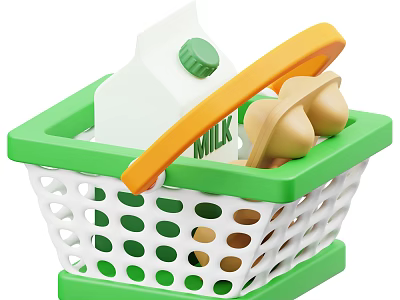 Green Plastic Shopping Basket Holding Fresh Milk Carton And Brown Eggs 3d model