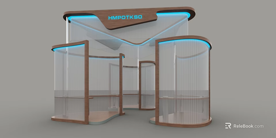HMOTKSO Modern Display Shelves With Wooden Frame Blue Lighting Transparent Panels Curved Structure 3d model 