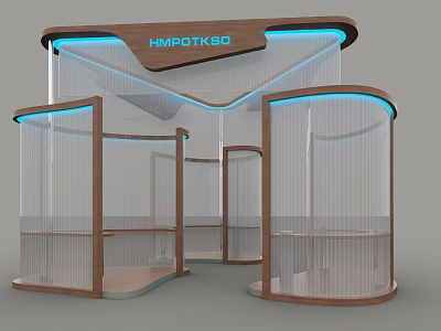 HMOTKSO Modern Display Shelves With Wooden Frame Blue Lighting Transparent Panels Curved Structure 3d model