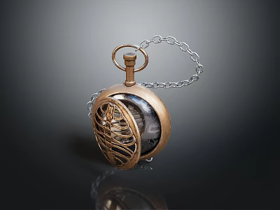 Vintage Gold Pocket Watch with Intricate Skeleton Design and Chain Accessory 3d model