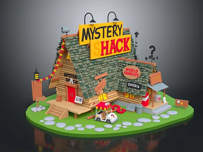Wooden Mystery Hack Cabin Featuring Shingle Roof Red Door Wooden Steps And Decorative Lanterns 3d model