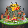 Wooden Mystery Hack Cabin Featuring Shingle Roof Red Door Wooden Steps And Decorative Lanterns