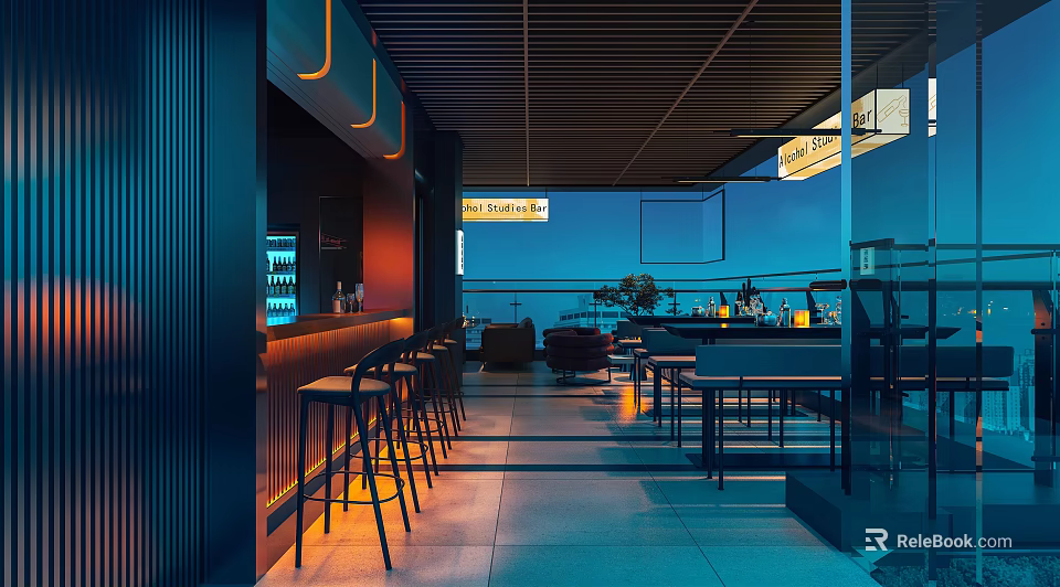 Modern Rooftop Bar Terrace With Stylish Lights Bar Counter And Comfortable Seating 3d model 