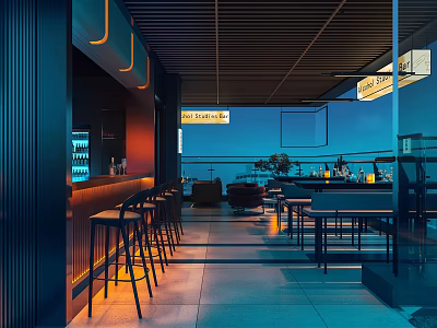 Modern Rooftop Bar Terrace With Stylish Lights Bar Counter And Comfortable Seating 3d model