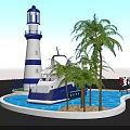 Blue Sea and Sky Yacht Club With Blue White Lighthouse Yacht Palm Trees And Water