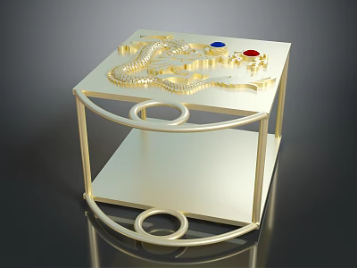 Golden Display Shelf With Intricate Dragon Decoration And Blue Red Buttons 3d model