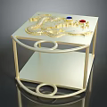 Golden Display Shelf With Intricate Dragon Decoration And Blue Red Buttons
