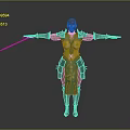 Woman With Bald Head In Blue And Gold Patterned Outfit Holding Sword With Arms Outstretched
