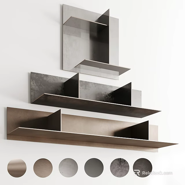 Modern Wall Cabinets With Dark Metal Finish And Layered Design On White Wall 3d model 