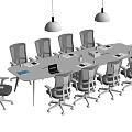 Modern White Conference Table With Wheeled Office Chairs Hanging Lights And Office Supplies