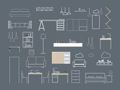 Diverse Home Furniture Line Art Designs With Sofa Bed Shelves And Tables 3d model