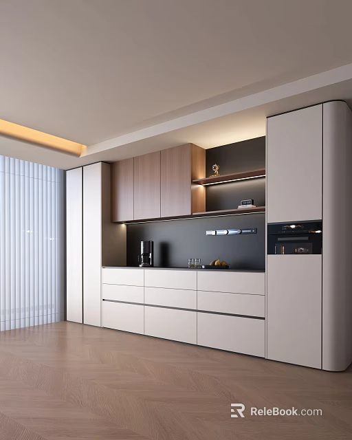 Modern Stylish Sideboard Design With White And Wooden Cabinets Drawers Open Shelves And Lighting 3d model 