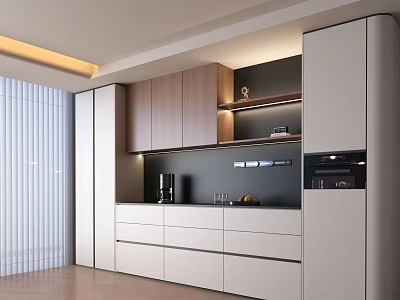 Modern Stylish Sideboard Design With White And Wooden Cabinets Drawers Open Shelves And Lighting 3d model