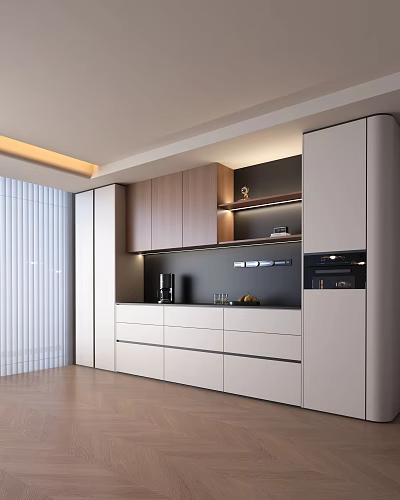 Modern Stylish Sideboard Design With White And Wooden Cabinets Drawers Open Shelves And Lighting 3d model