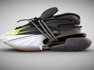 Balmain Modern Sporty Sneakers With Black White Green Accents Thick Sole And Streamline Design 3d model