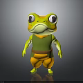 Anthropomorphic Cartoon Frog Character In Green Outfit And Orange Pants With Large Eyes