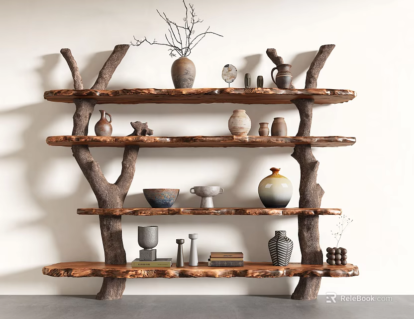 Natural Wooden Branch Shaped Shelf Displaying Ceramic Vases And Decorative Items 3d model 