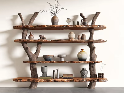 Natural Wooden Branch Shaped Shelf Displaying Ceramic Vases And Decorative Items 3d model