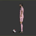 A Man In Pink Sports Uniform Standing With Soccer Ball On Gray Background