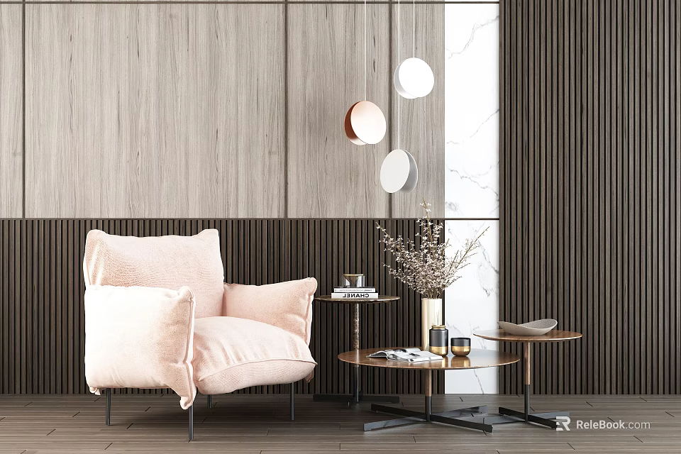 Soft Pink Single Sofa In Modern Living Room With Wooden Wall And Side Table 3d model 