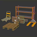 Industrial Storage Rack With Hand Truck Wooden Pallet And Cardboard Boxes