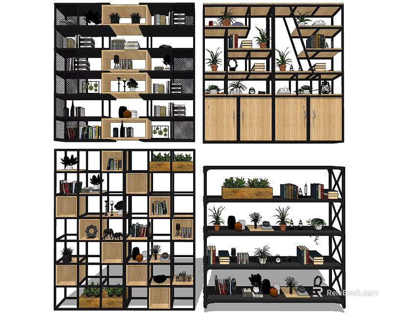 Modern Bookshelf With Metal Frame Wooden Shelves Decorative Plants Books And Decorations 3d model 