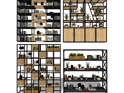 Modern Bookshelf With Metal Frame Wooden Shelves Decorative Plants Books And Decorations 3d model