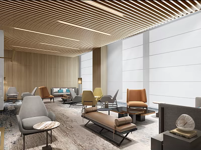 Modern Lounge Area Interior With Wooden Ceiling Colorful Armchairs Coffee Tables And Area Rug 3d model