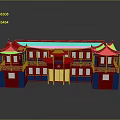 Traditional Chinese Architecture Red and Blue Multi layered Structure With Curved Eaves and Golden Gate