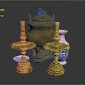 Vintage Home Living Decor Including Bronze Incense Burner Golden Candlesticks And Blue White Porcelain Vase