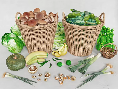 Wicker Storage Baskets Filled With Fresh Mushrooms Cucumbers And Surrounding Vegetables Fruits 3d model