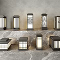 Various Modern Outdoor Lights With Chinese Lattice Designs And Metal Frames On Stone Platform