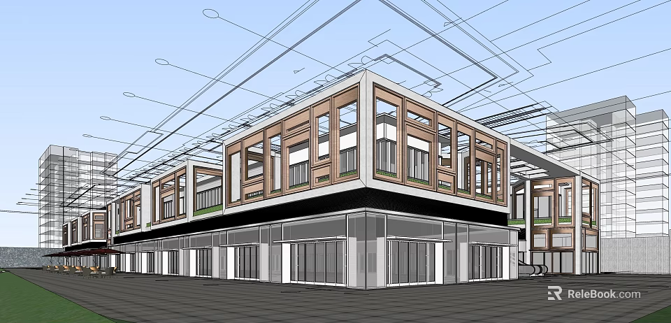 Modern Commercial Street Building With Glass Windows Wooden Facade And Multi Story Structure 3d model 