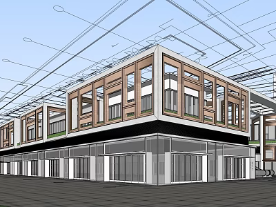 Modern Commercial Street Building With Glass Windows Wooden Facade And Multi Story Structure 3d model