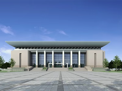 Modern Office Building With Glass Facade Spacious Entrance Steps Plaza And Surrounding Trees 3d model