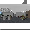 Modern Public Office Space With Desks Computers White Lockers Greenery Chandeliers Colorful Sofas And Carpet