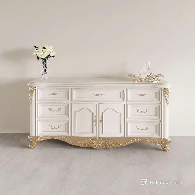 White Display Cabinet With Golden Trim Classic Design Drawers Doors Topped With Vase Decorative Item 3d model 